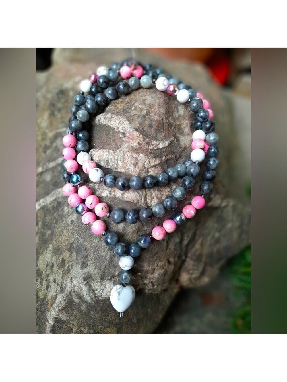 Artisan Hand Crafted Larvikite, Pink and White Howlite & Rainbow Hematite Mala